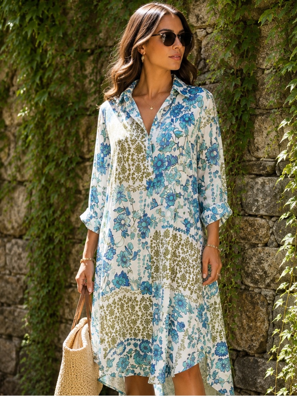 ROSE + OLIVE Blue and White Floral Boho Chiffon Longline Tunic/Dress, M - Picture 1 of 14